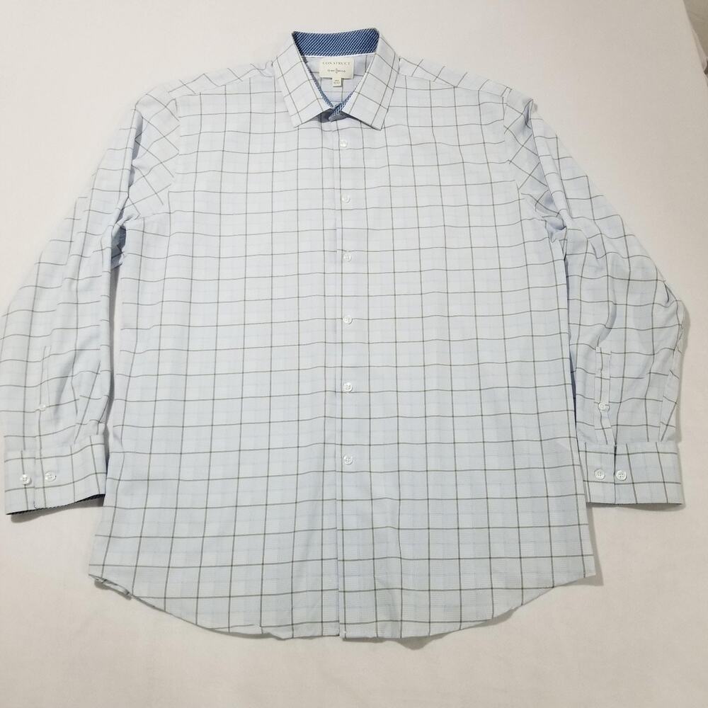 Con.struct Shirt Mens XXL 18 18.5 Blue Check 4-way Stretch Performance Dress